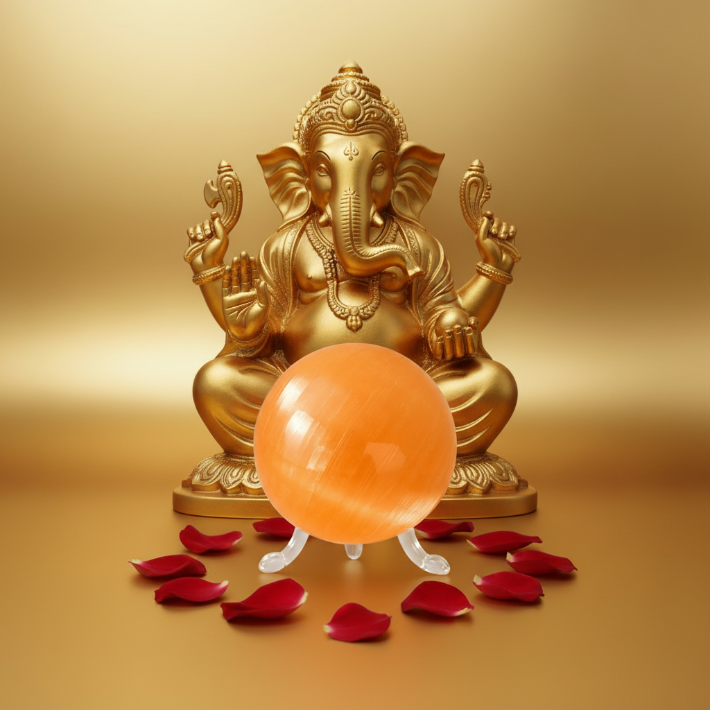 Esfera de selenita naranja 8cm frente a estatua dorada de Ganesha con pétalos de color rojo y fondo dorado 