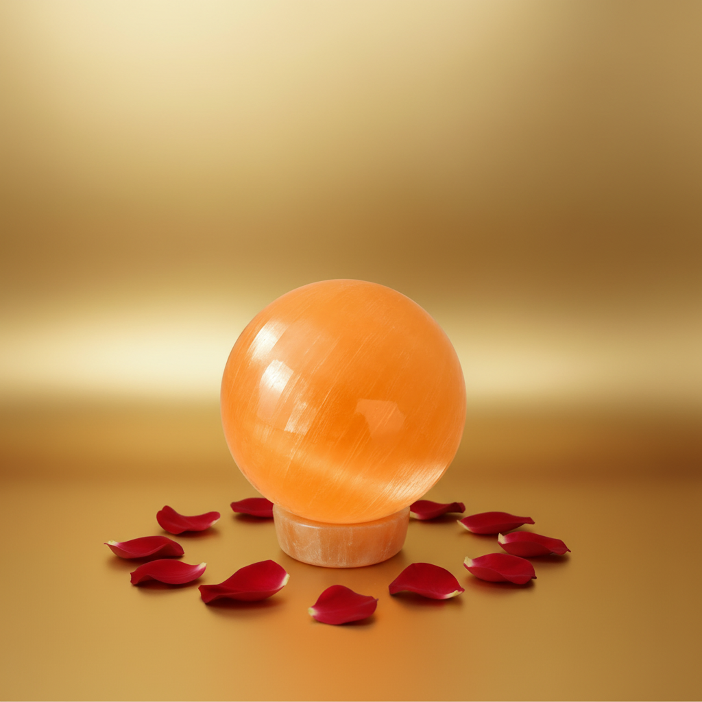Esfera de selenita naranja 8 cm sobre disco de madera petalos rojos y fondo dorado