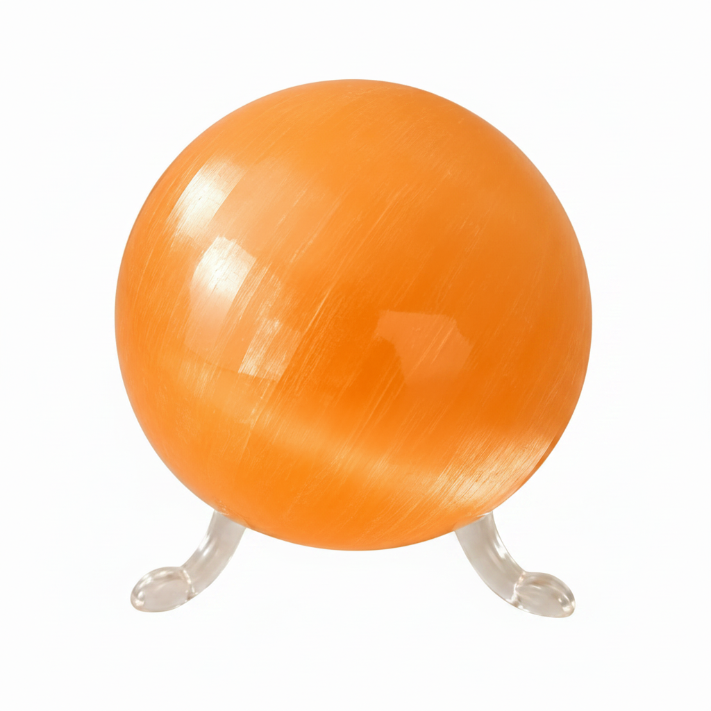 Esfera de selenita naranja 8cm sobre fondo blanco puro, fotografía de producto profesional