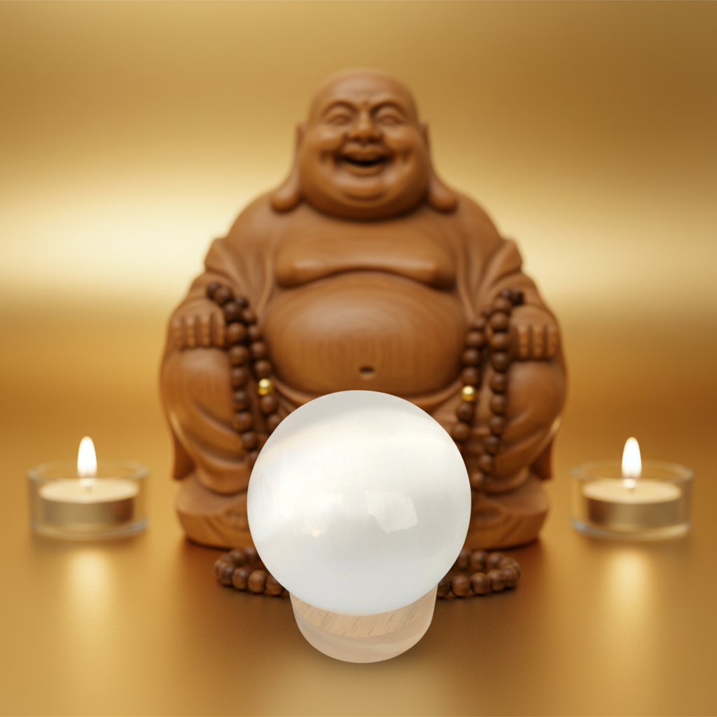 Esfera de selenita blanca premium con Buda de la risa de madera y velas sobre fondo dorado