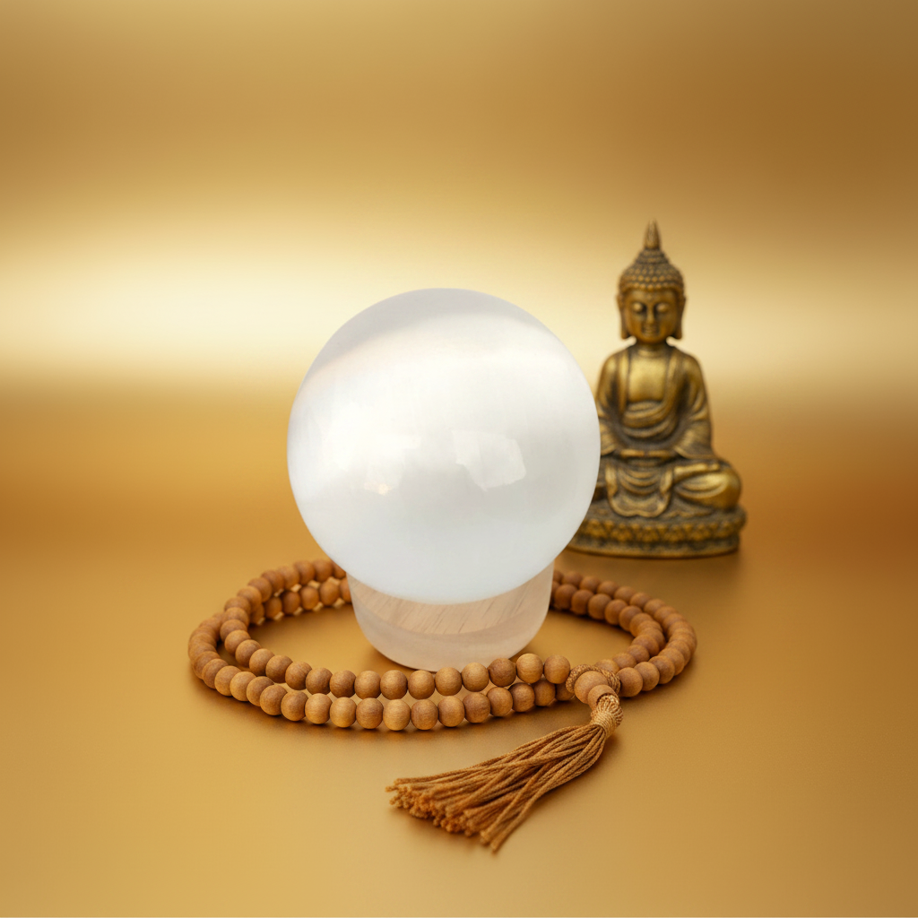 Esfera de selenita blanca premium con mala de meditación y figura de Buda dorado sobre fondo dorado