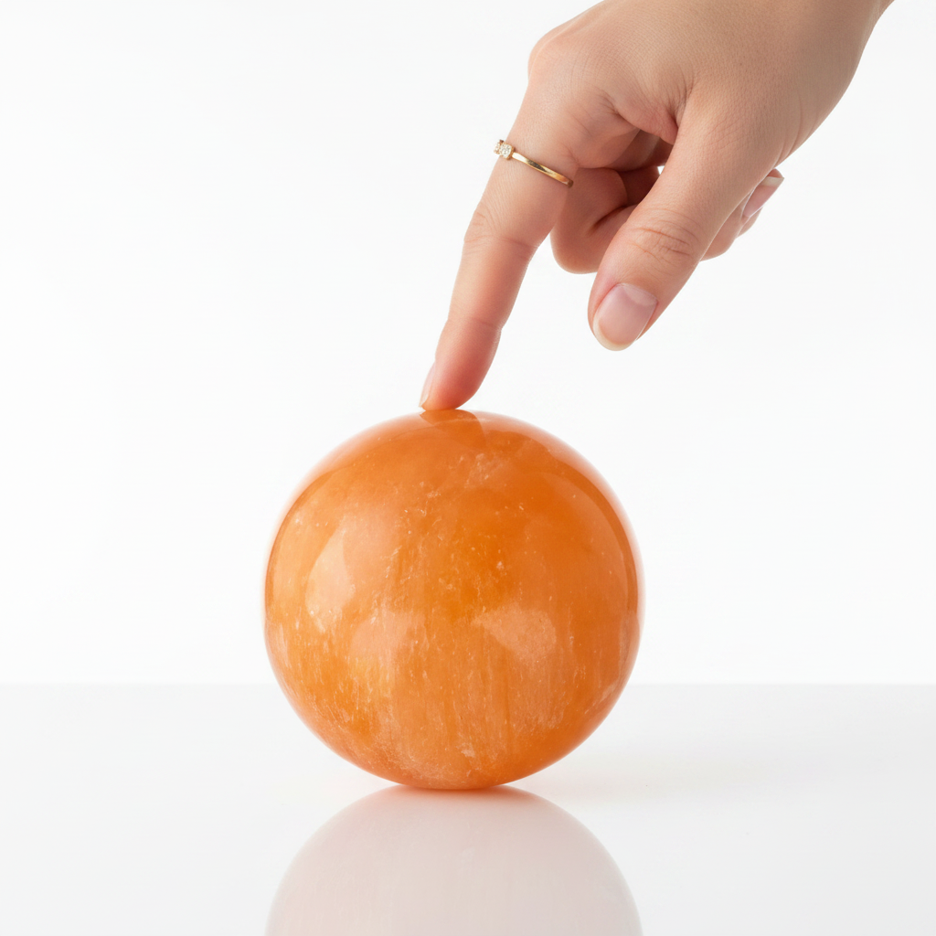 Esfera selenita naranja dedo indice tocando cima mano elegante fondo blanco