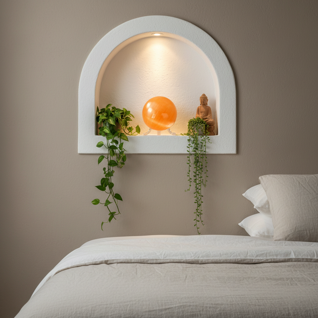 Esfera selenita naranja nicho pared dormitorio boutique Buda teca