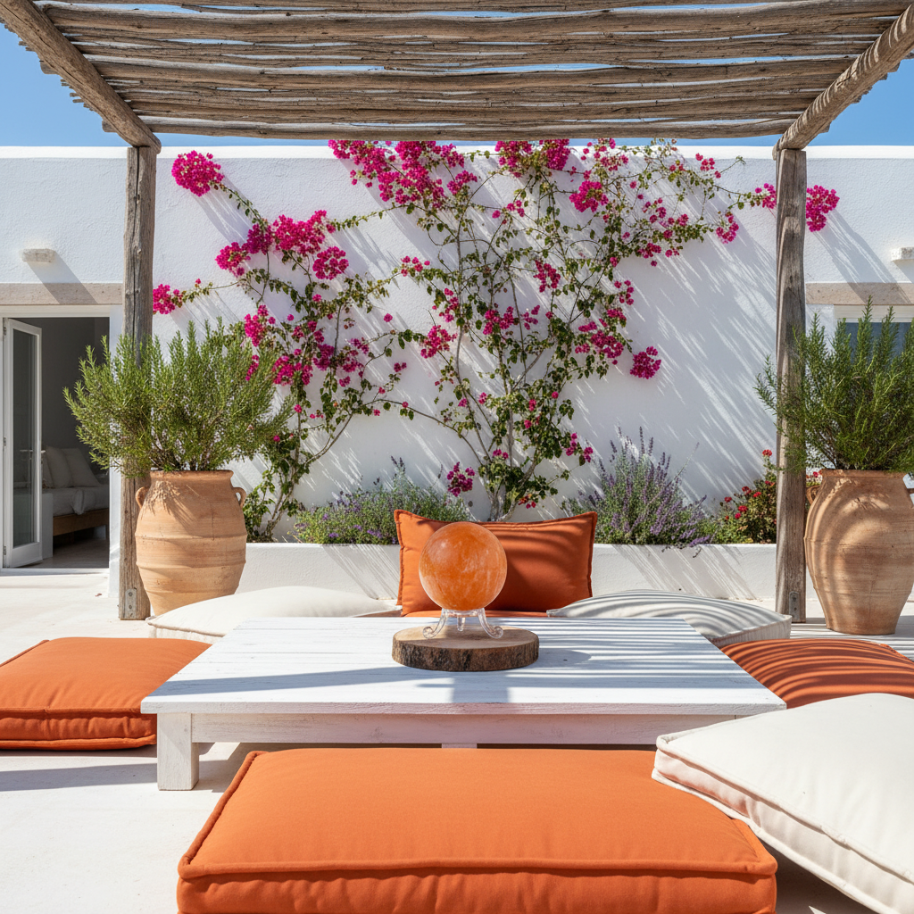 Esfera selenita naranja real terraza chill out ibicenca buganvilla naranja