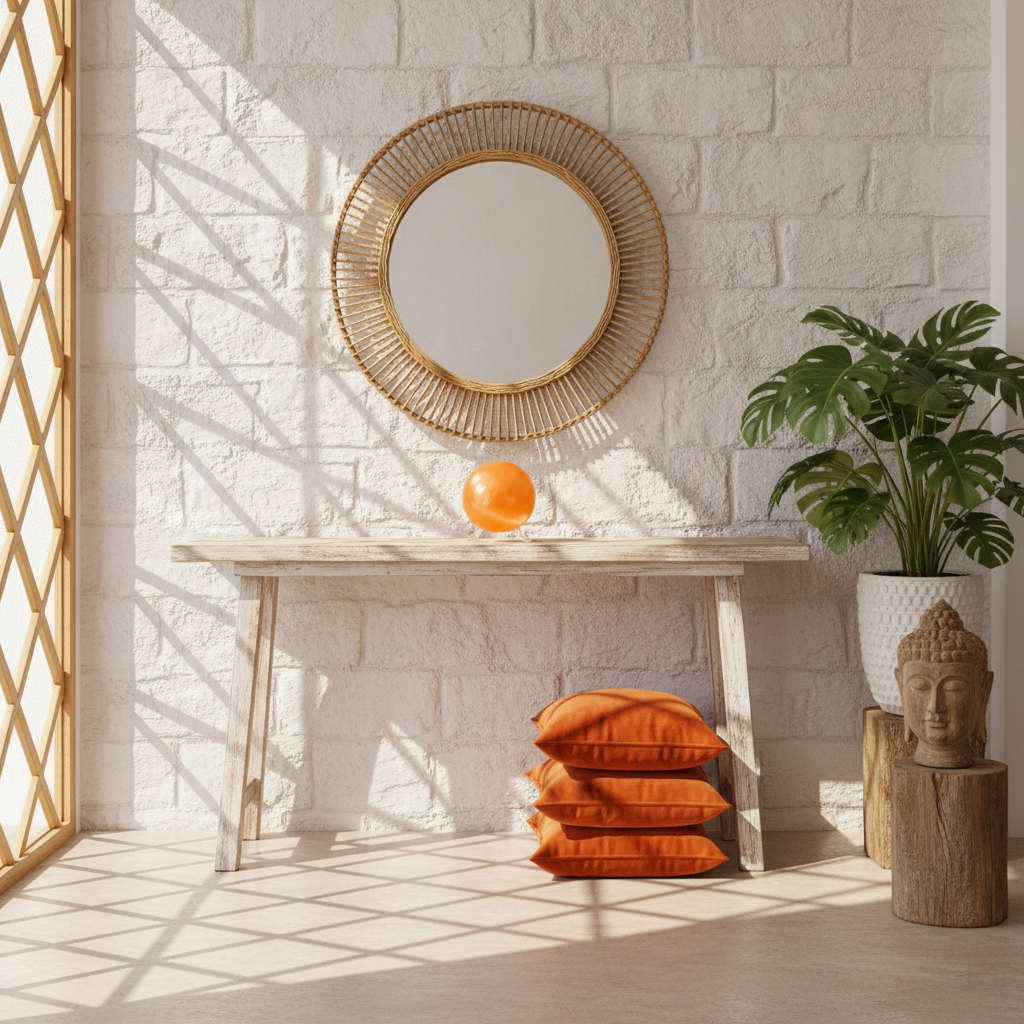 Esfera selenita naranja recibidor ibicenco boho monstera cojines naranja