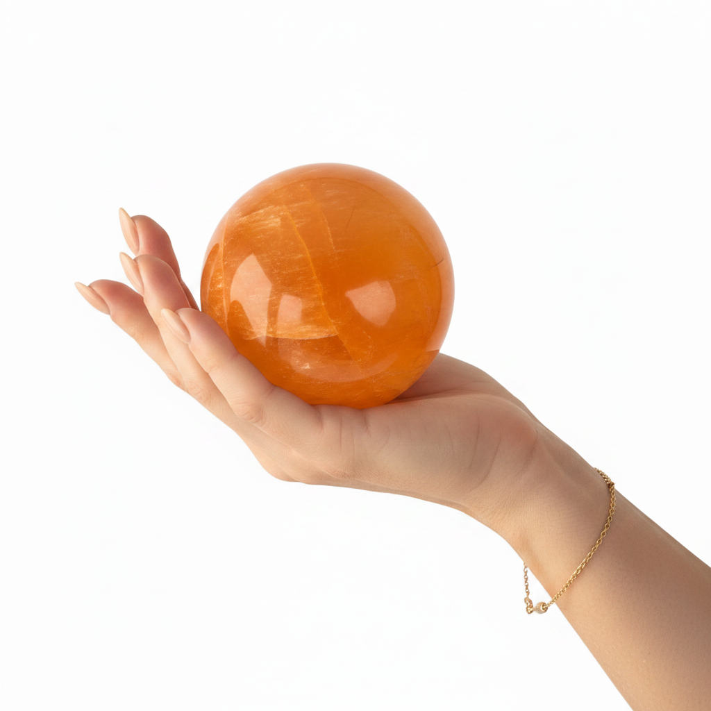 Esfera selenita naranja talon palma dedos curvados mano elegante fondo blanco