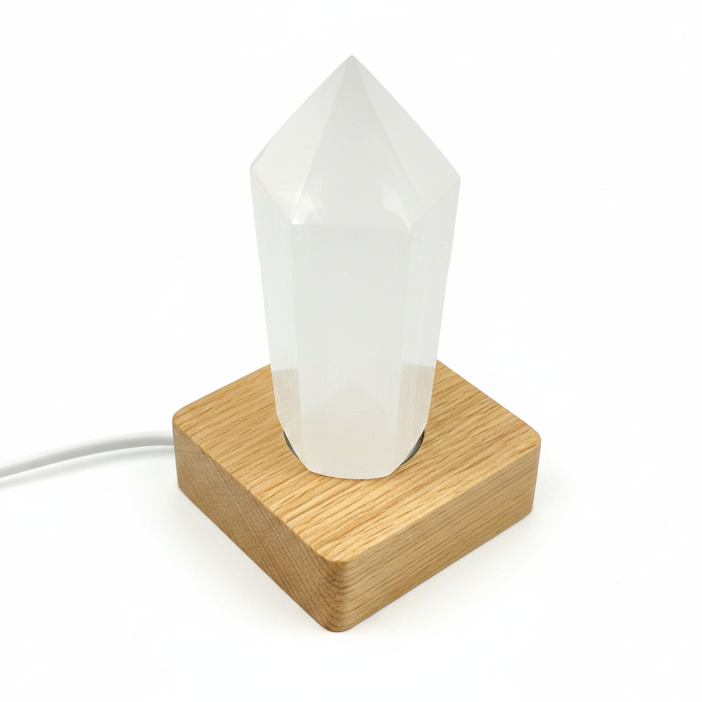 Lámpara punta selenita apagada vista cenital base madera cable blanco fondo blanco