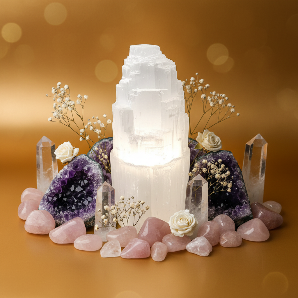 Lámpara de selenita blanca rodeada de amatistas, cuarzo rosa y flores blancas en altar de cristales, fondo dorado