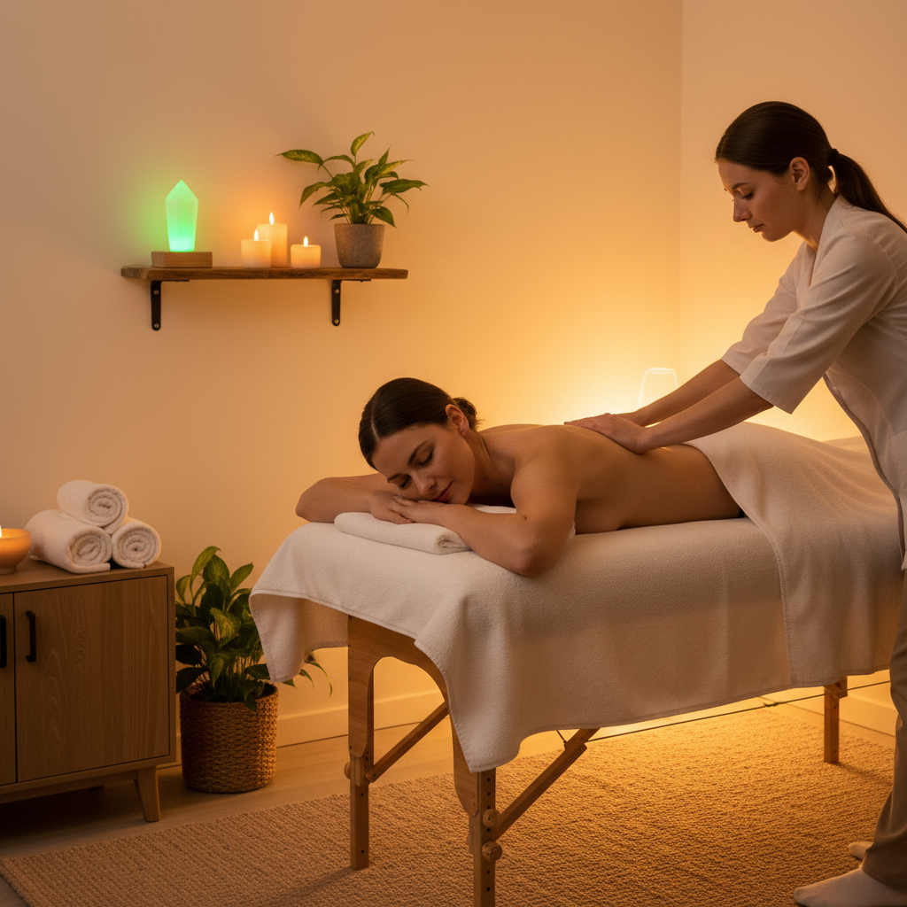 Lámpara selenita luz verde sala masajes wellness