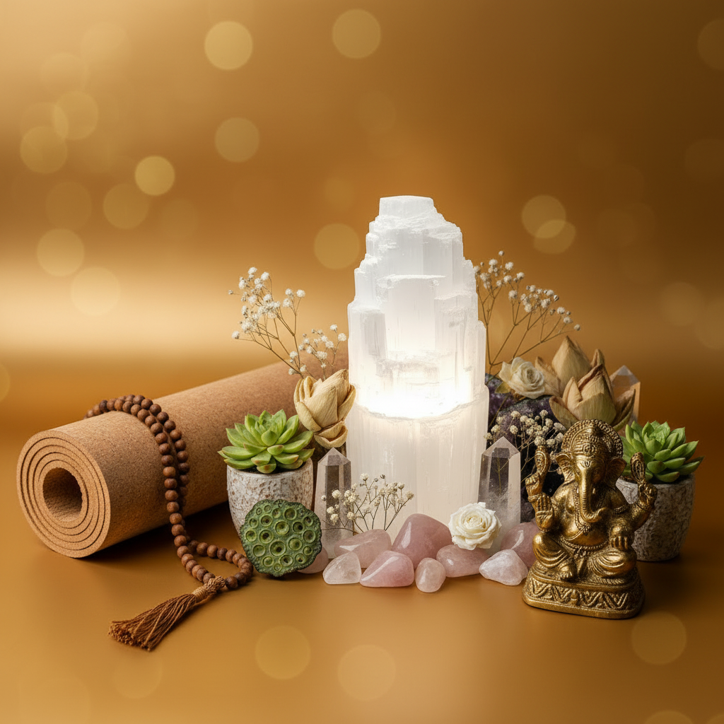 Lámpara de selenita decorada con cuarzo y cuarzo rosa figura de ganesha japamala de sandalo y fondo dorado