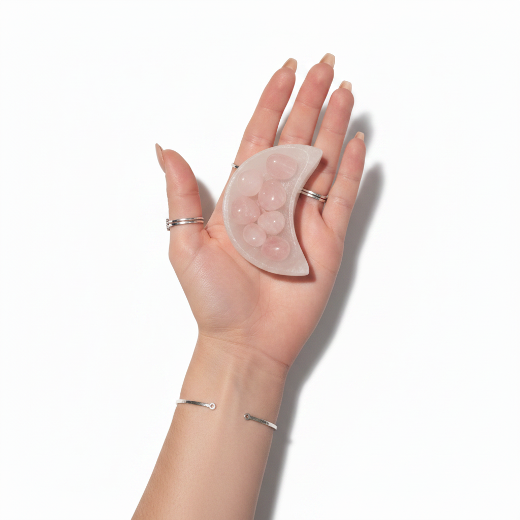 Mano femenina delicada con anillos y pulsera plata sosteniendo cuenco luna selenita con cuarzo rosa