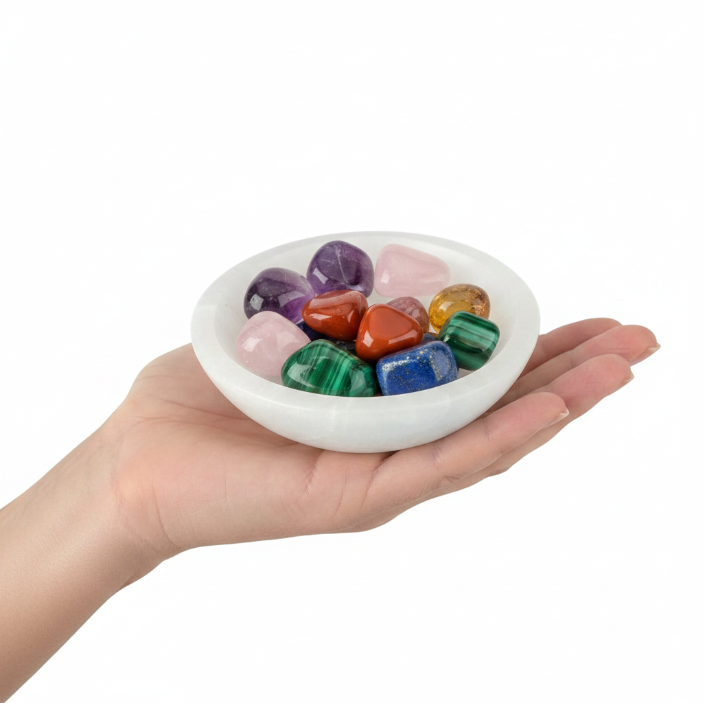 Mano sosteniendo cuenco de selenita 10cm lleno de rodados multicolor sobre fondo blanco