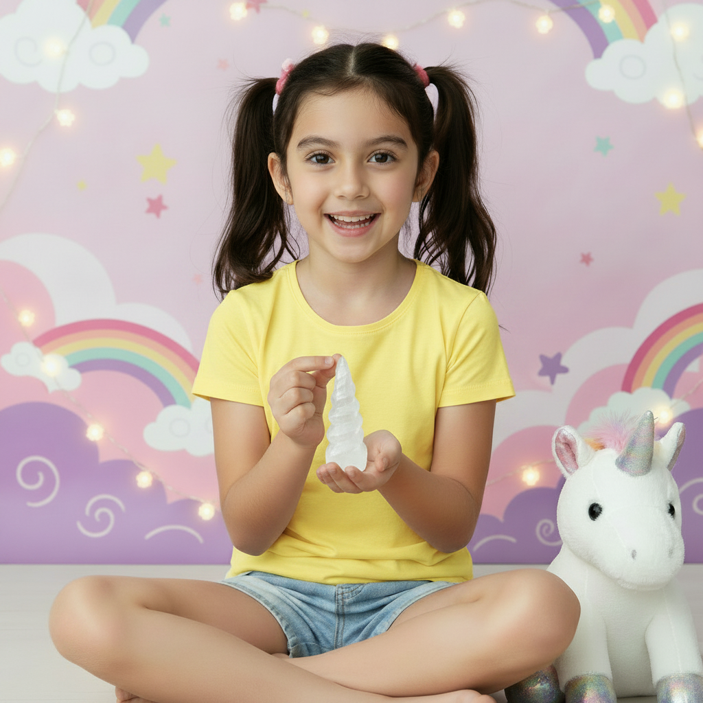 Niña feliz en camiseta amarilla con torre selenita en espiral de 10 cm