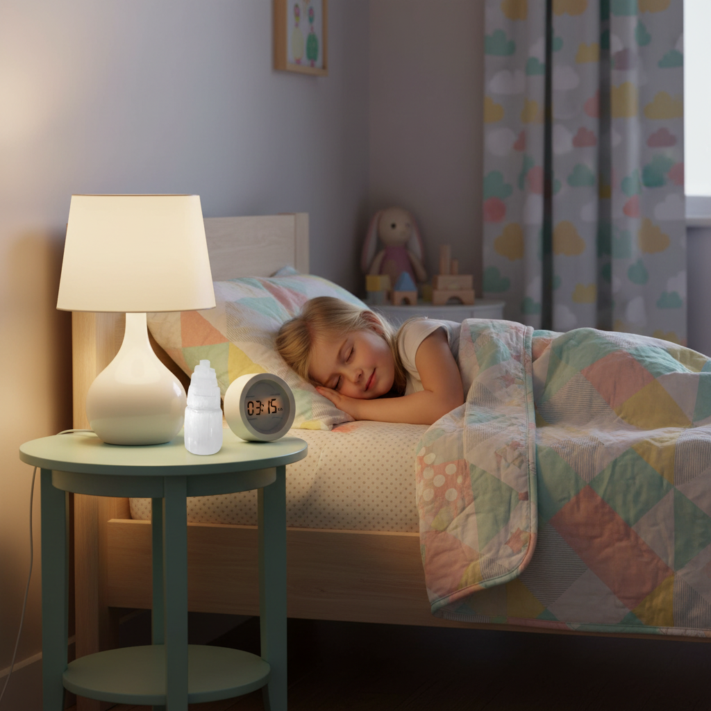 Niña durmiendo selenita mesita noche