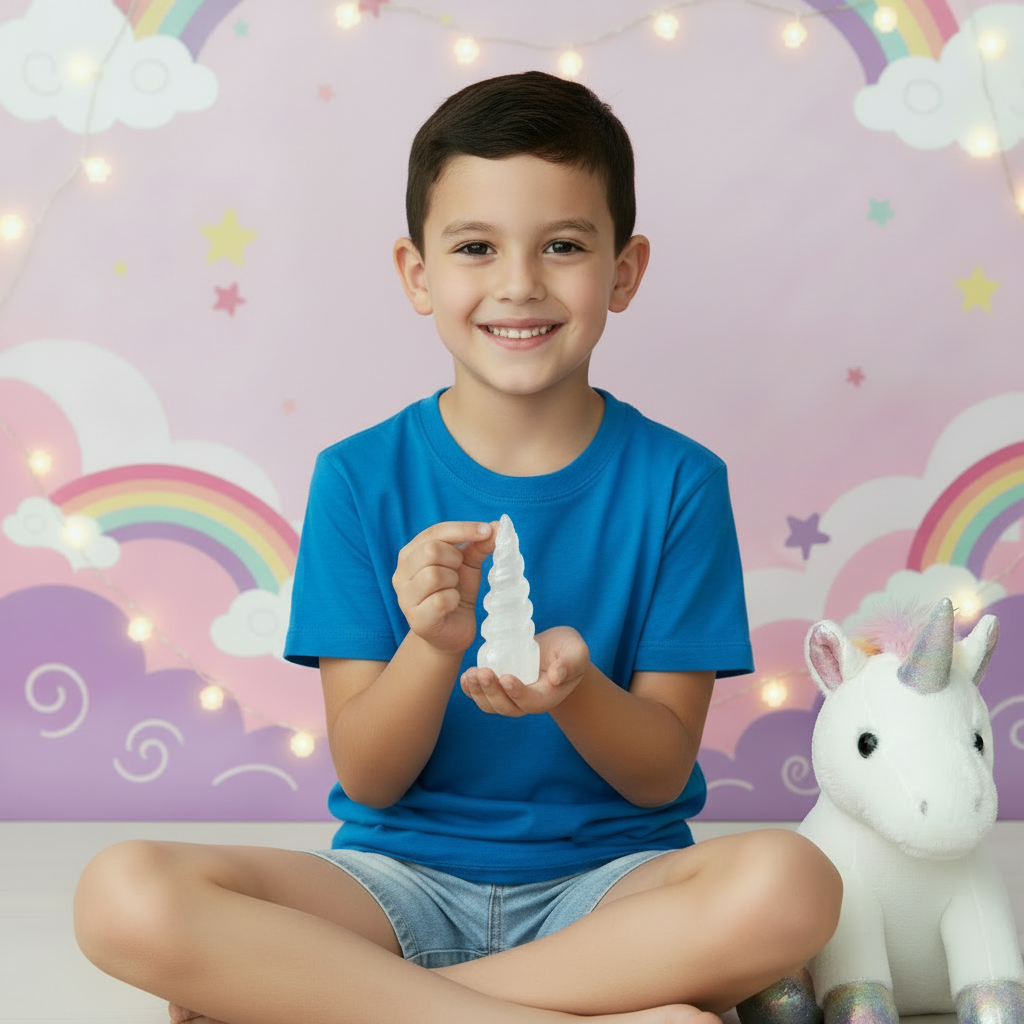 Niño en habitacion infantil con camiseta azul con torre selenita en espiral de 10 cm