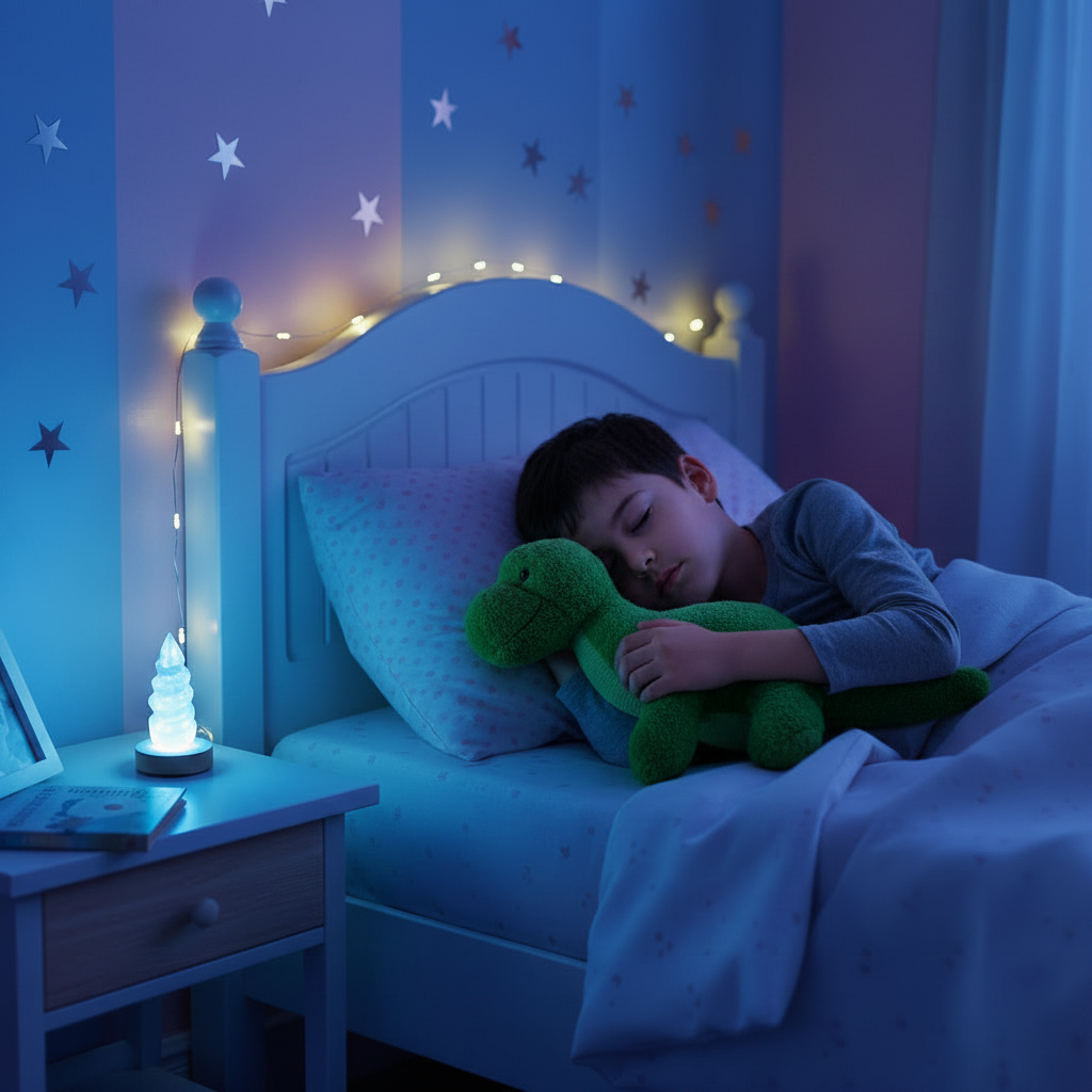Niño durmiendo luz azul suave