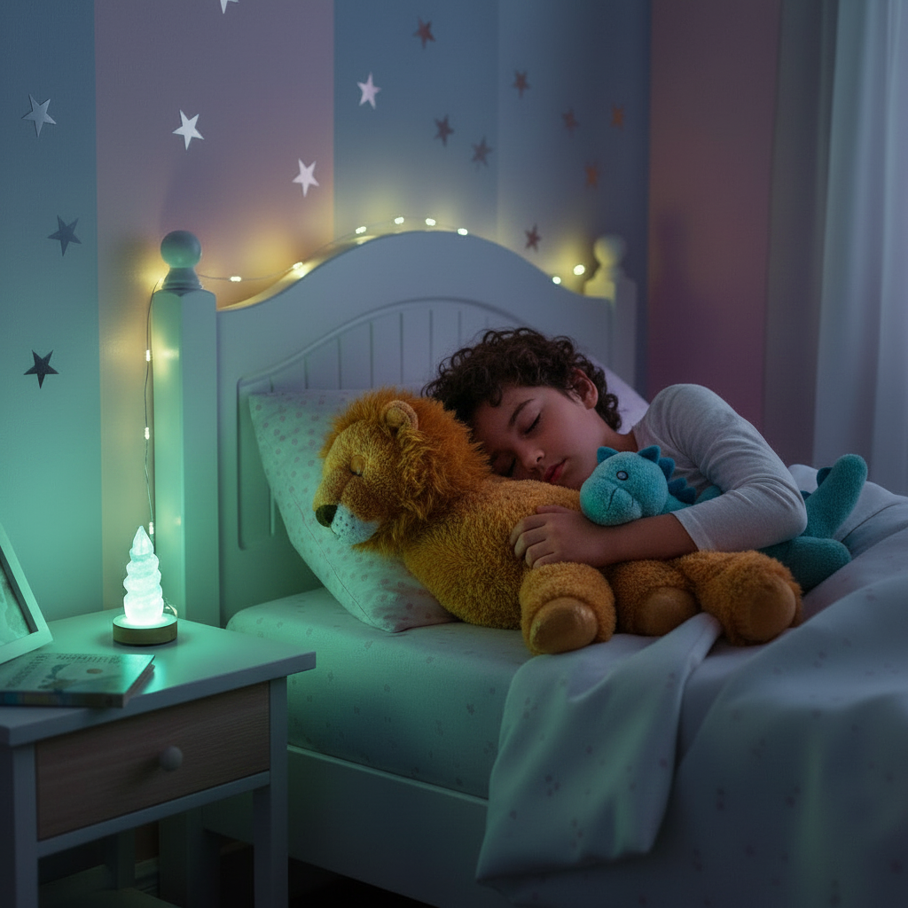 Niño durmiendo luz turquesa