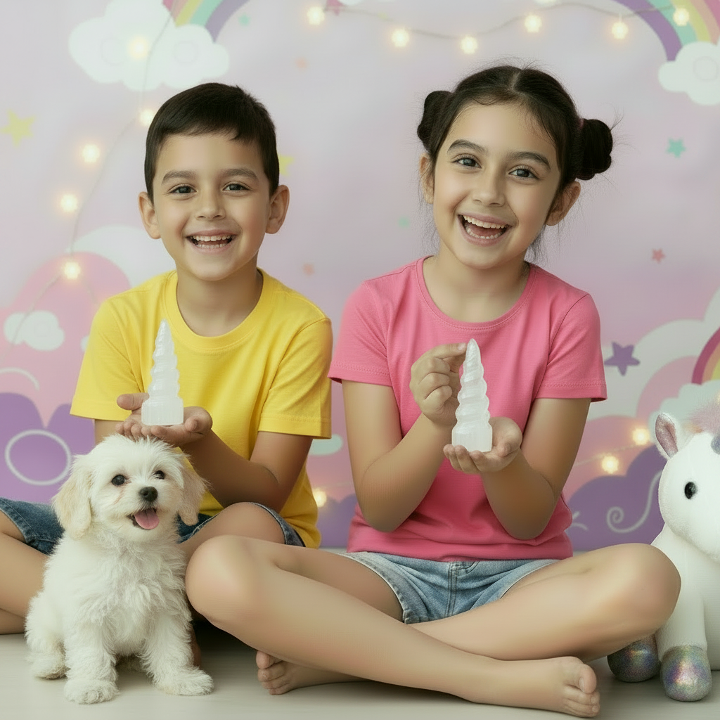 Niños con perrito dorado mirando cámara