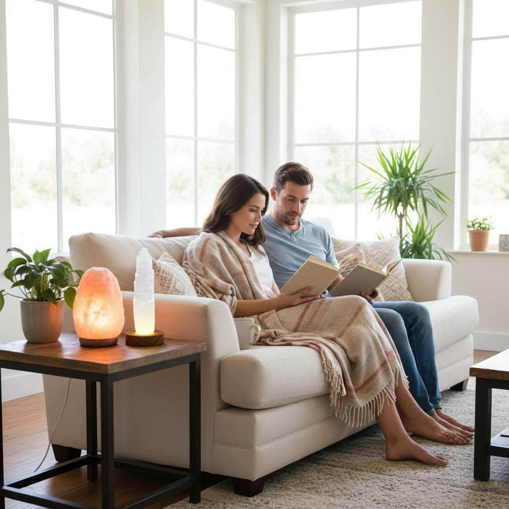 Pareja sofá leyendo selenita base LED lámpara sal