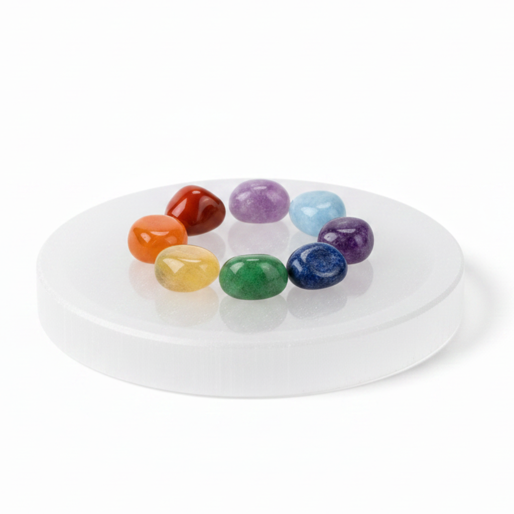 Placa redonda de selenita blanca con piedras de los 7 chakras