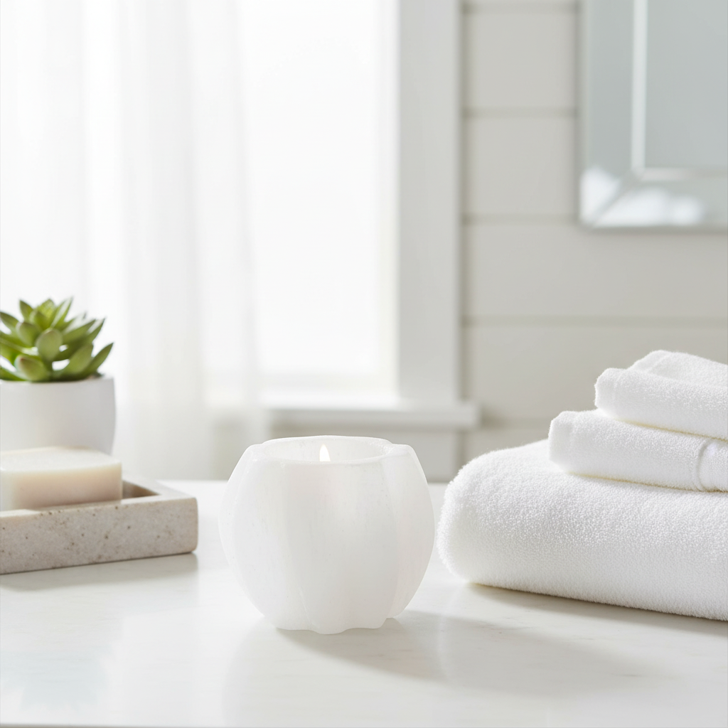 Portavelas de selenita blanca en espiral en baño estilo spa con planta verde y toallas blancas
