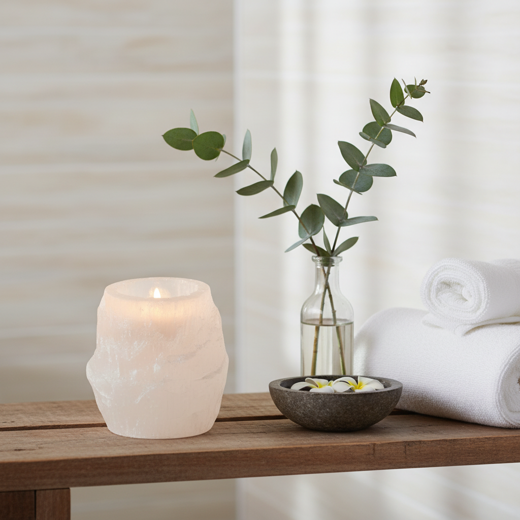 Portavelas de selenita blanca en estante de baño estilo spa con ramas de eucalipto