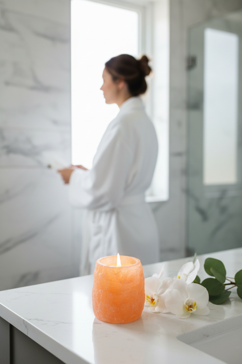 Portavelas selenita naranja baño spa mármol lujo
