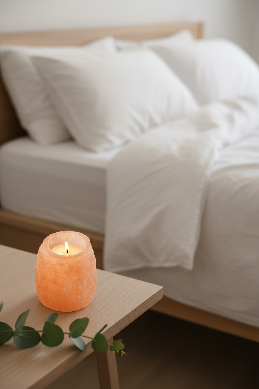 Portavelas selenita naranja en habitación