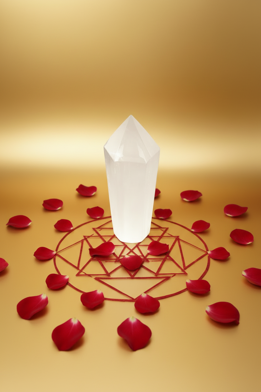 Torre punta de selenita con pétalos de rosa roja sobre fondo dorado