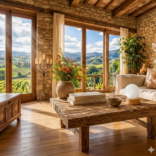 Esfera de selenita blanca de 8 cm calidad premium sobre mesa de madera en sala de estar de la toscana