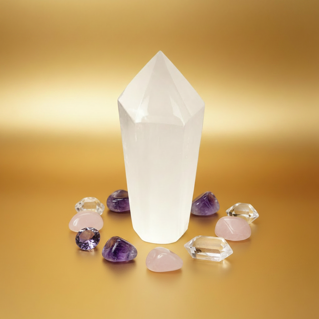Punta generadora de selenita pulida rodeada de amatista, cuarzo rosa y cuarzo transparente sobre fondo dorado