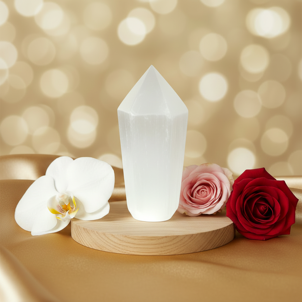 Punta generadora de selenita pulida sobre base de madera con orquídea blanca, rosa rosa y rosa roja sobre fondo dorado