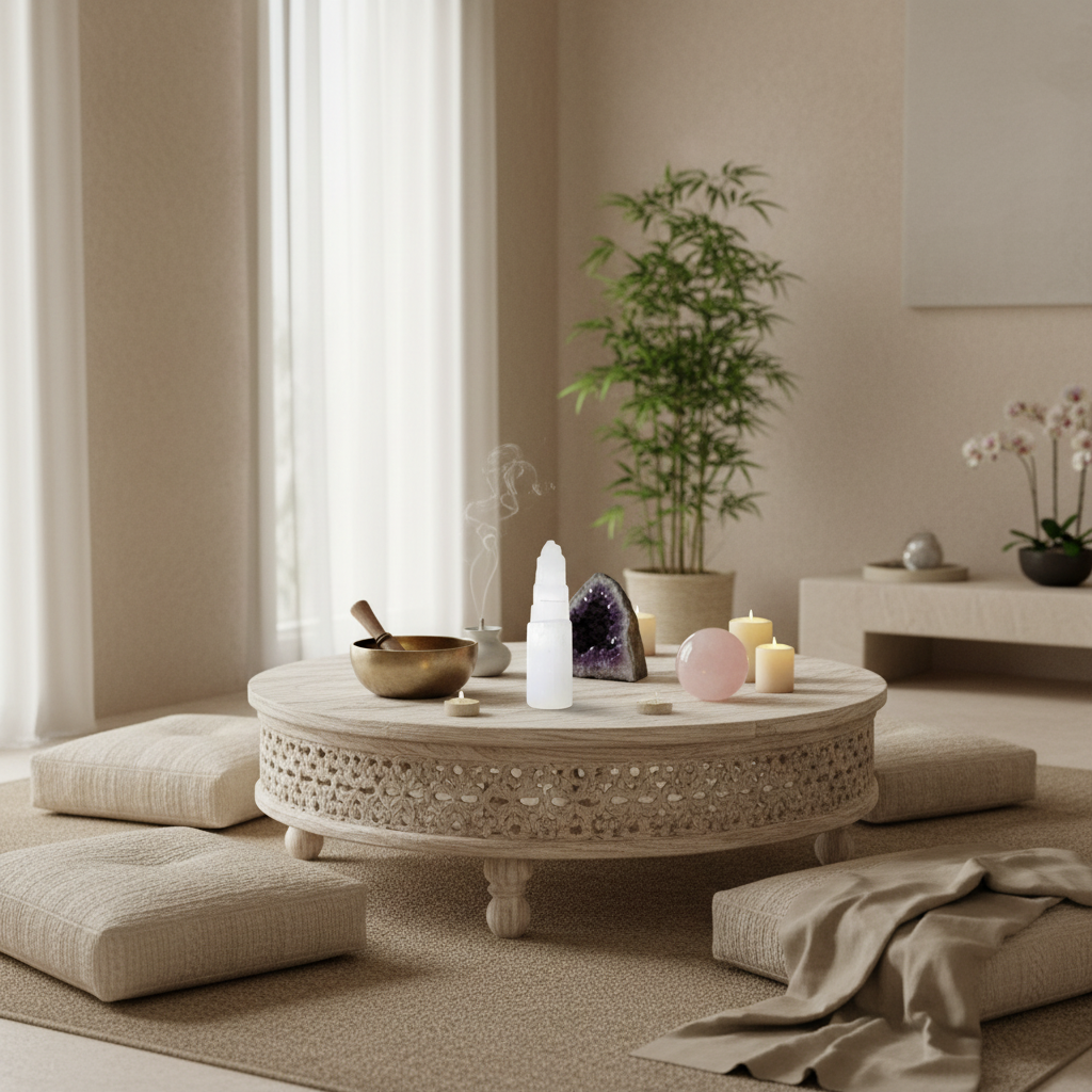 Torre de Selenita 15cm en sala de meditación con mesa con amatiatas cuarzo rosa y velas 