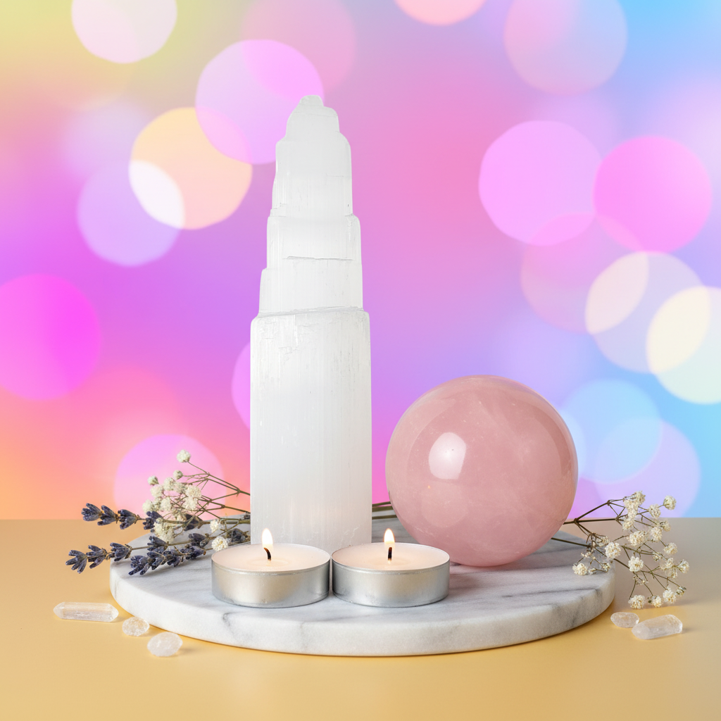 Torre de Selenita 15 cm sobre base de mármol blanco decoracion de velas y esfera de cuarzo rosa