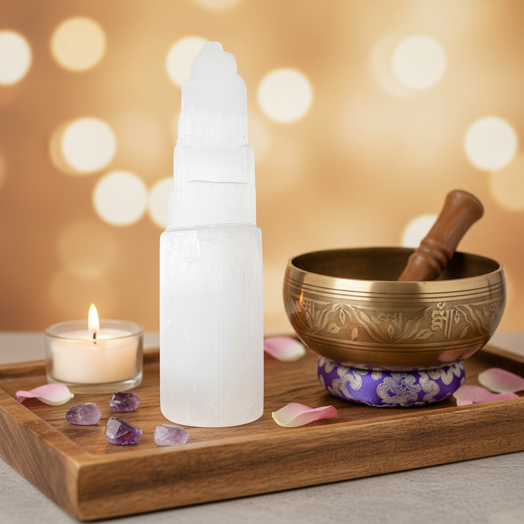 Torre de Selenita 15cm  cuenco tibetano amatistas vela  blanca y fondo dorado
