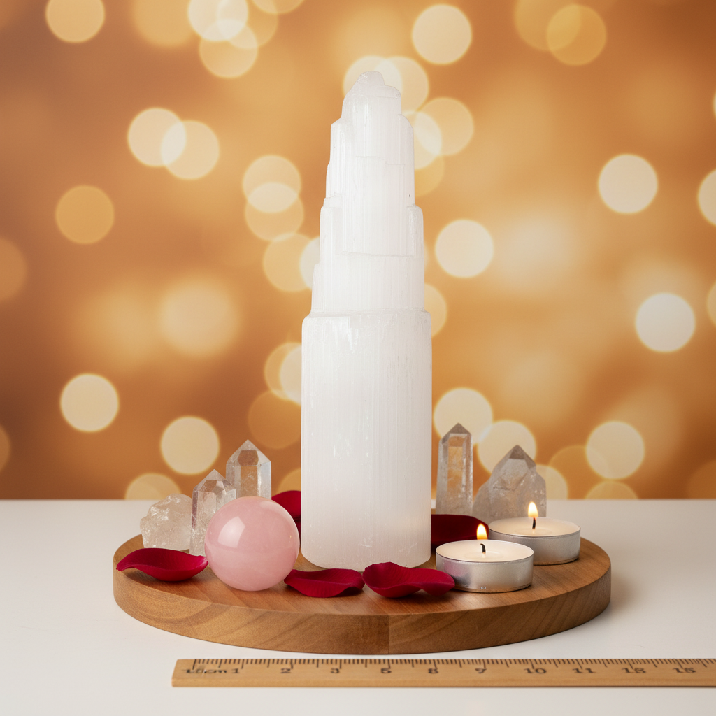 Torre de Selenita 15cm con velas de decoracion esfera de cuarzo rosa puntas de cuarzo petalos rojos y fondo dorado