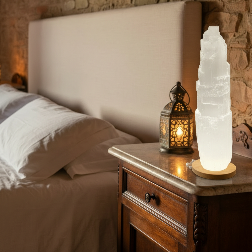Torre de selenita 20 cm sobre base led de madera en habitacion de la Toscana