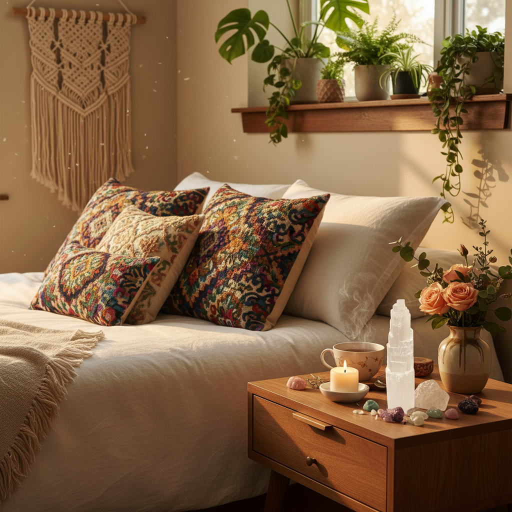 Torre de selenita blanca nacarada en mesita de noche zen con cristales, vela encendida, taza de té y flores frescas en dormitorio con macramé y plantas
