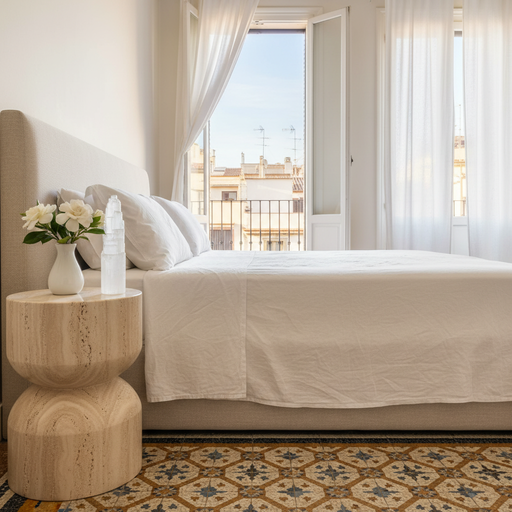 Torre de selenita blanca nacarada en mesita de travertino de dormitorio barcelonés de lujo con suelo hidráulico, gardenias blancas, cortinas de lino y balcón abierto a tejados de Barcelona