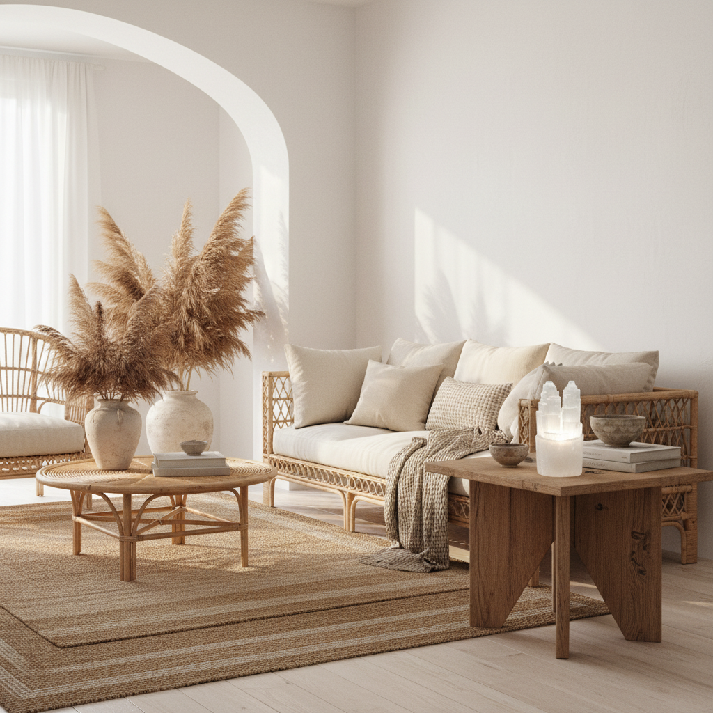 Torre de Selenita Catedral 20cm en sala boho de lujo Ibiza con ratán y pampa