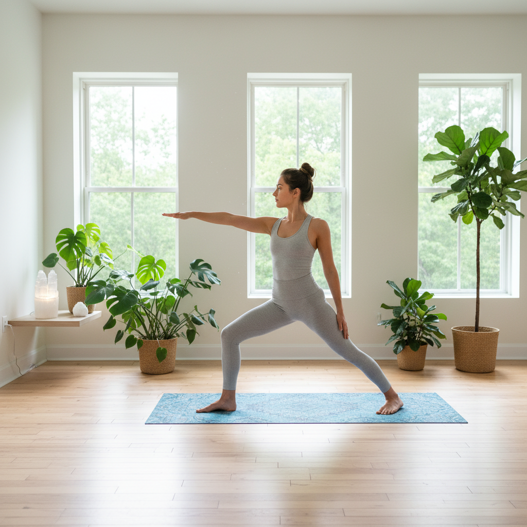 Torre de Selenita Catedral en estudio de yoga con mujer en postura