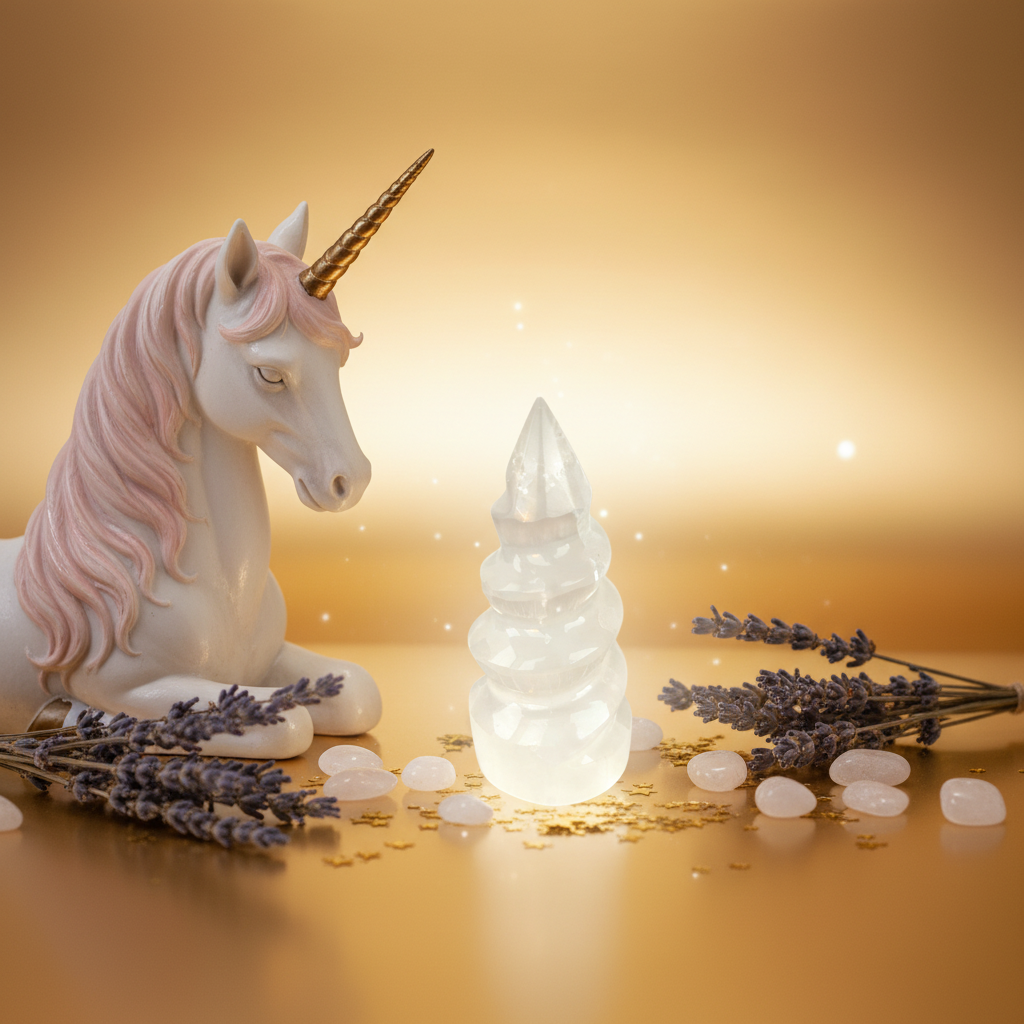 Torre espiral de selenita con unicornio lavanda y estrellas doradas sobre fondo dorado