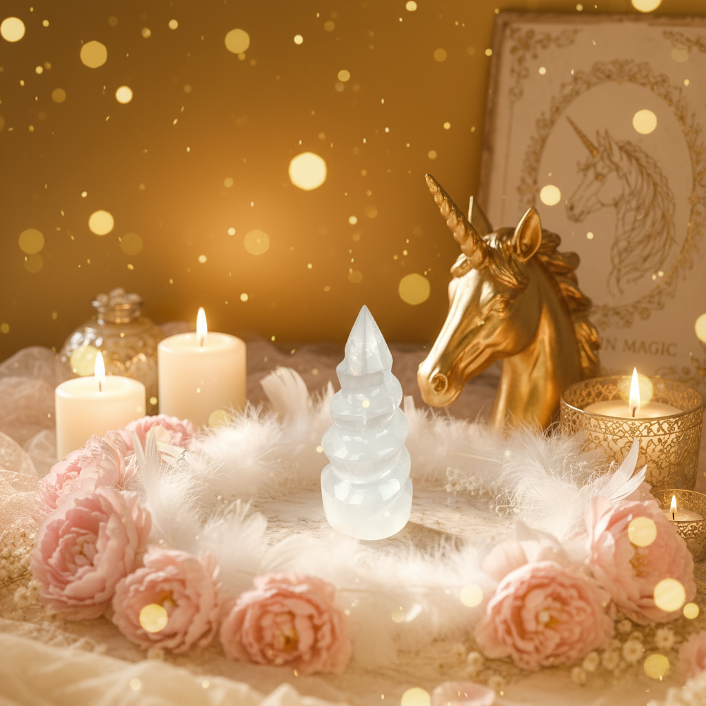 Torre espiral de selenita con unicornio y flores rosas en fondo dorado decoración fantasía 
