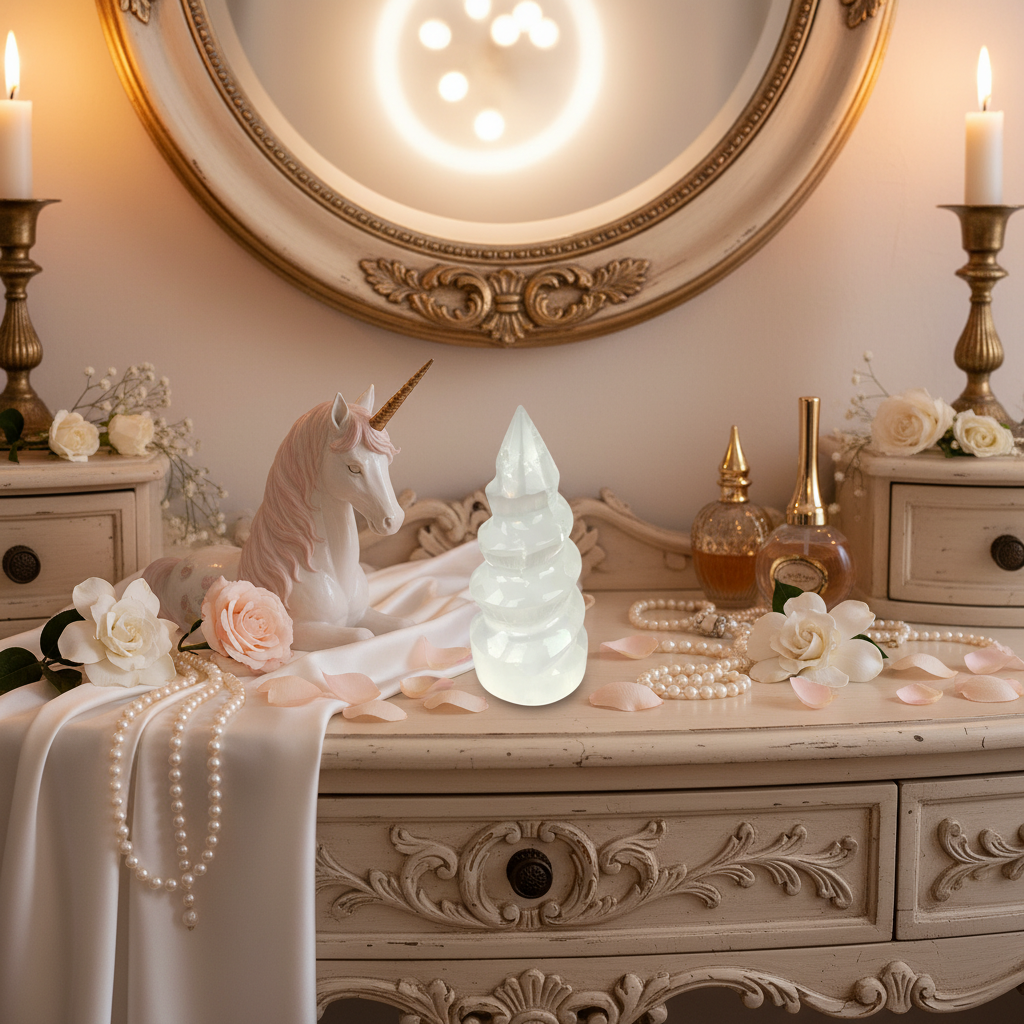 Torre espiral de selenita en tocador vintage con unicornio porcelana y rosas, decoración romántica 