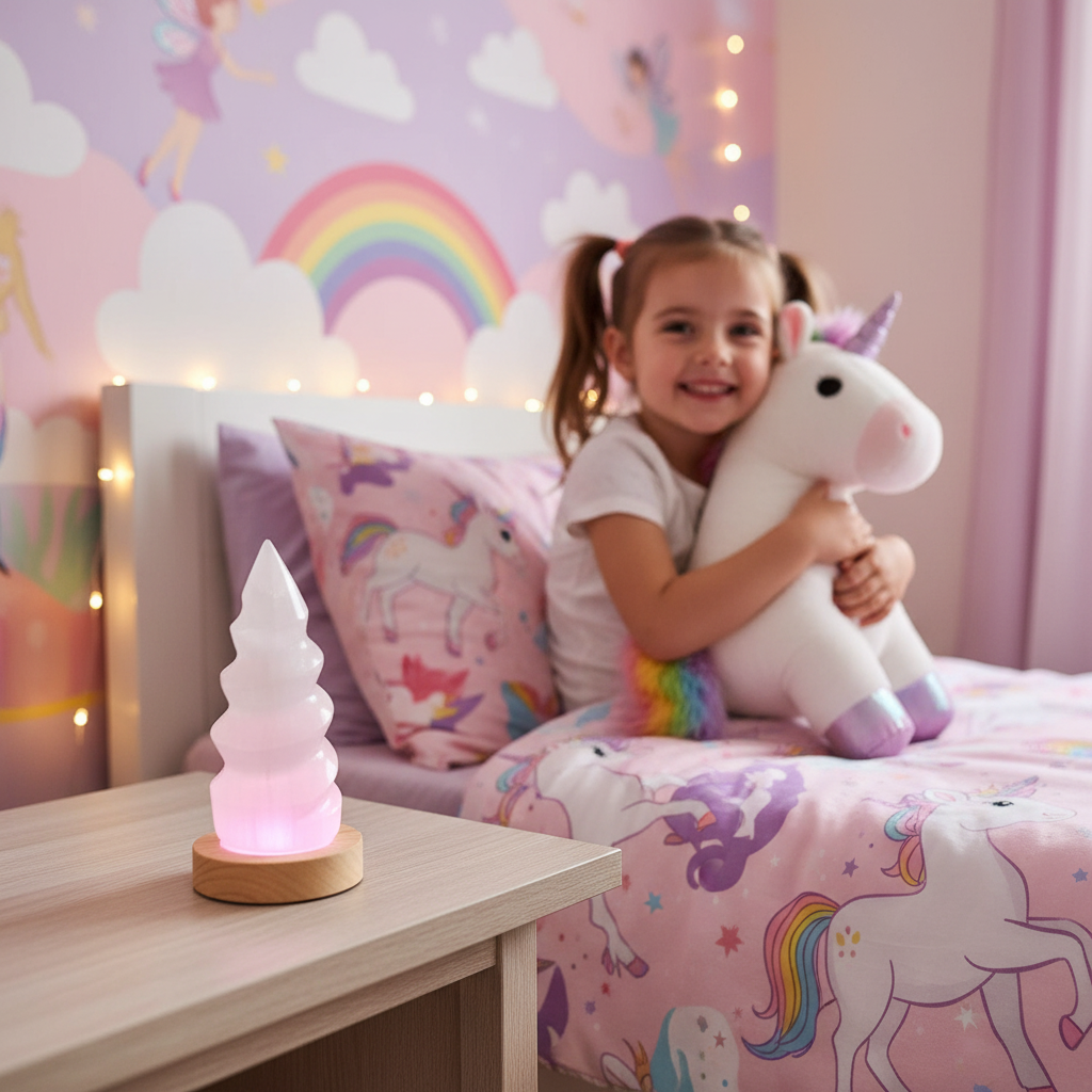 Torre selenita unicornio en primer plano en habitación mágica infantil