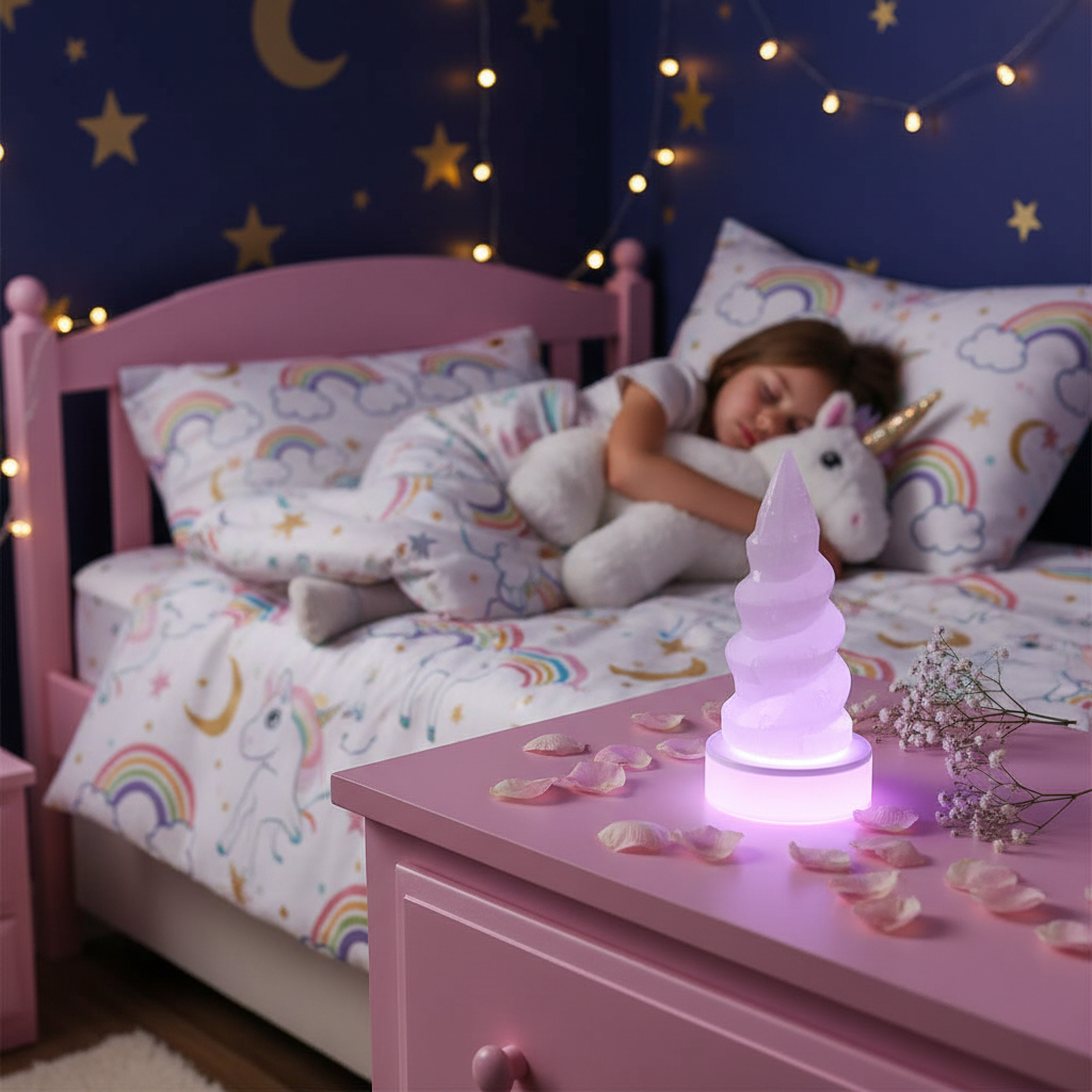 Torre selenita unicornio luz morada nocturna lampara de selenita infantil
