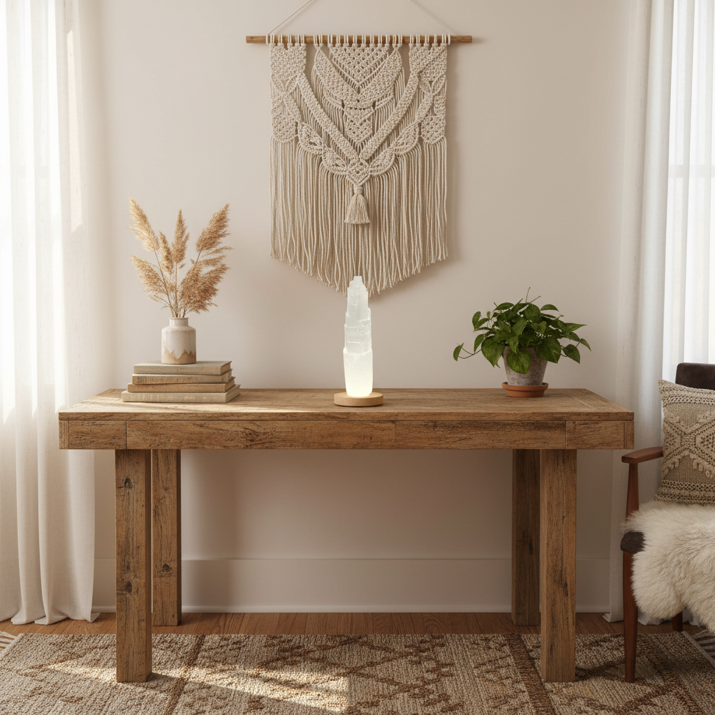 Torre selenita 20 cm sobre base led de madera en mueble de madera con plantas y decoracion clasica