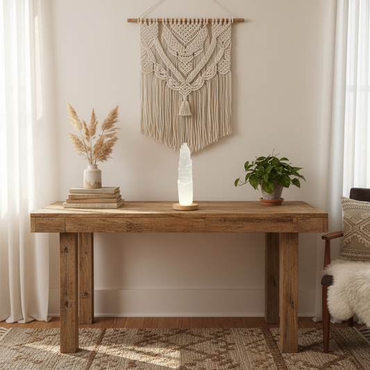 Torre selenita 20 cm sobre base led de madera en mueble de madera con plantas y decoracion clasica