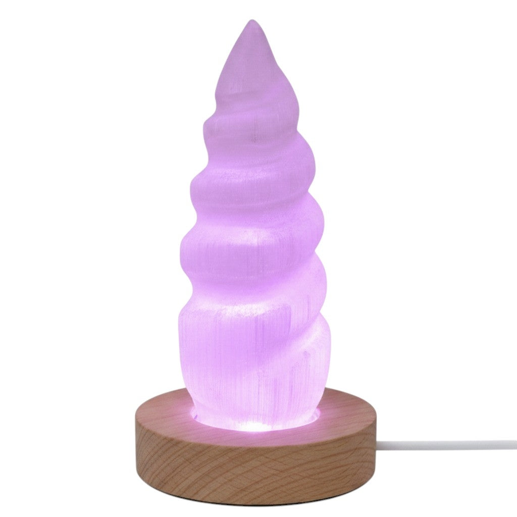 Lámpara de Selenita Unicornio para Dormitorios Infantiles INCLUYE BASE LED DE MADERA