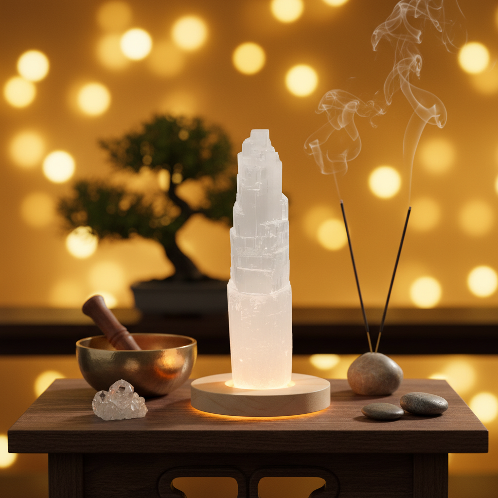 torre de selenita 20 cm en altar zen de cristales con cuenco tibetano y bonsai sobre fondo dorado